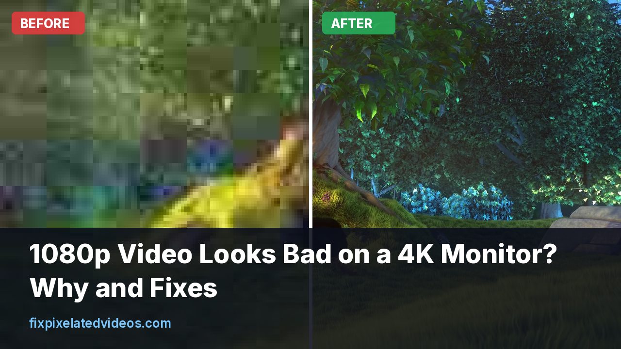 Close-up of the same 1080p frame shown on a 4K monitor with soft edges beside a sharper upscaled version