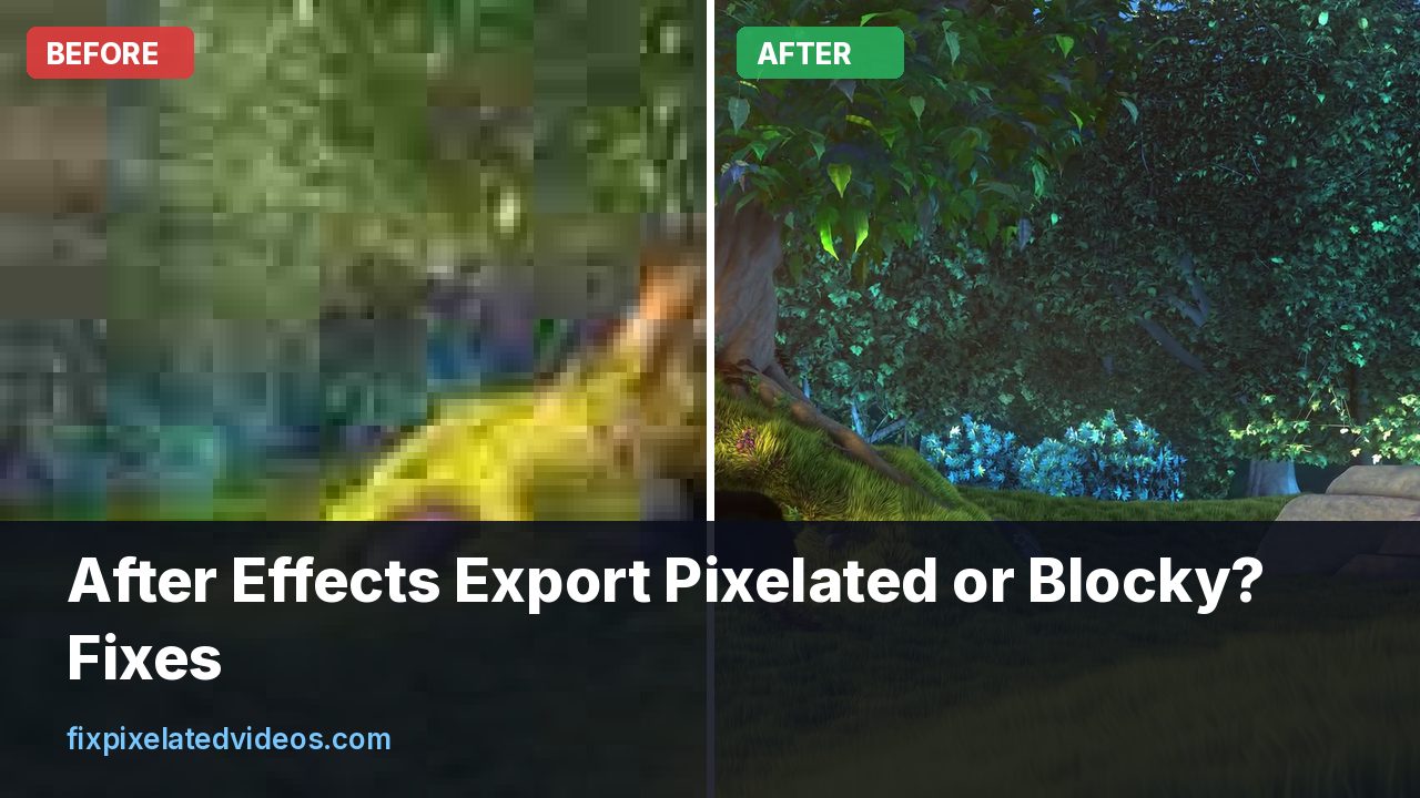 After Effects render queue beside a close-up of blocky color text next to a clean 4:4:4 version