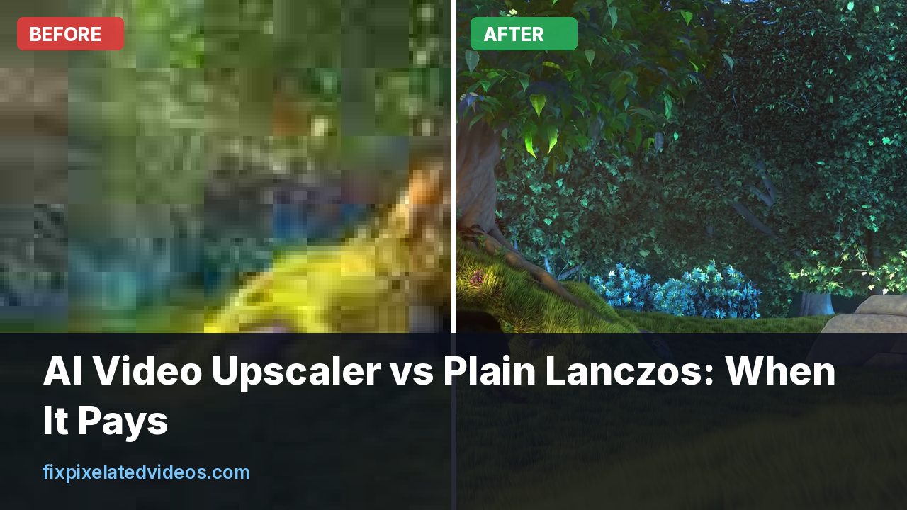 Two upscaled frames side by side, one smooth from a Lanczos filter and one with AI generated texture