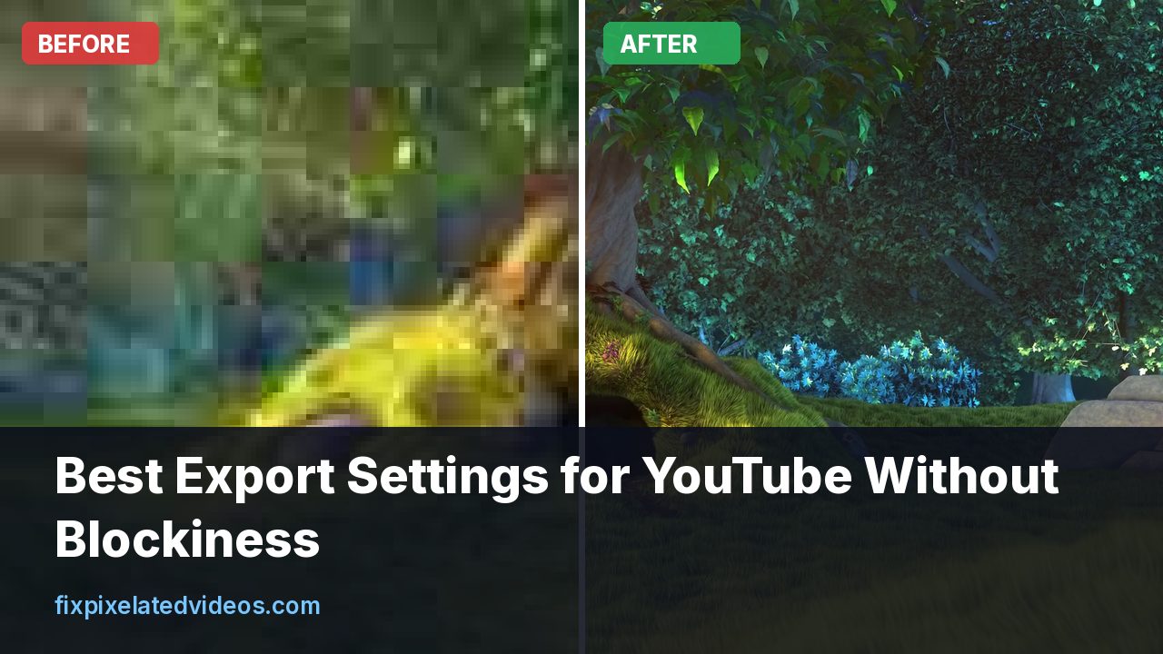 Export settings panel showing H.264, 1080p, 16 Mbps next to a clean YouTube playback frame