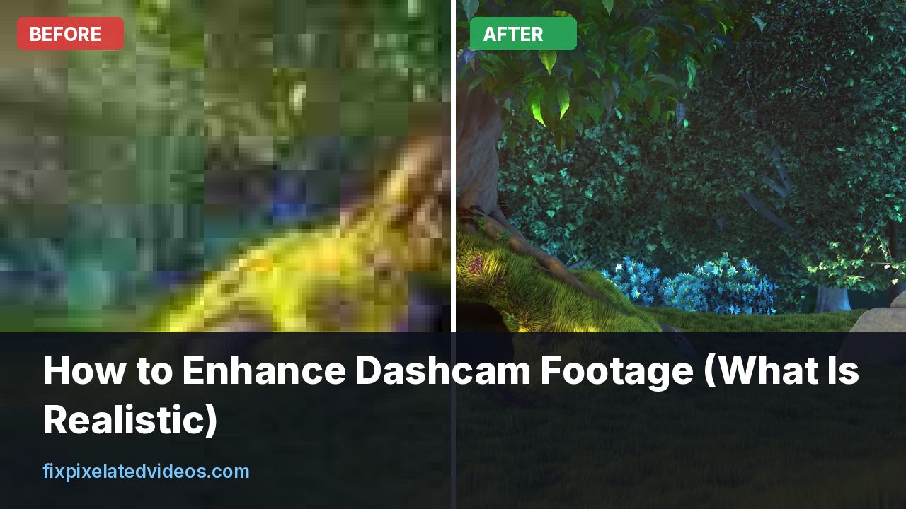 Dark dashcam night frame on the left and a brightened, denoised version on the right