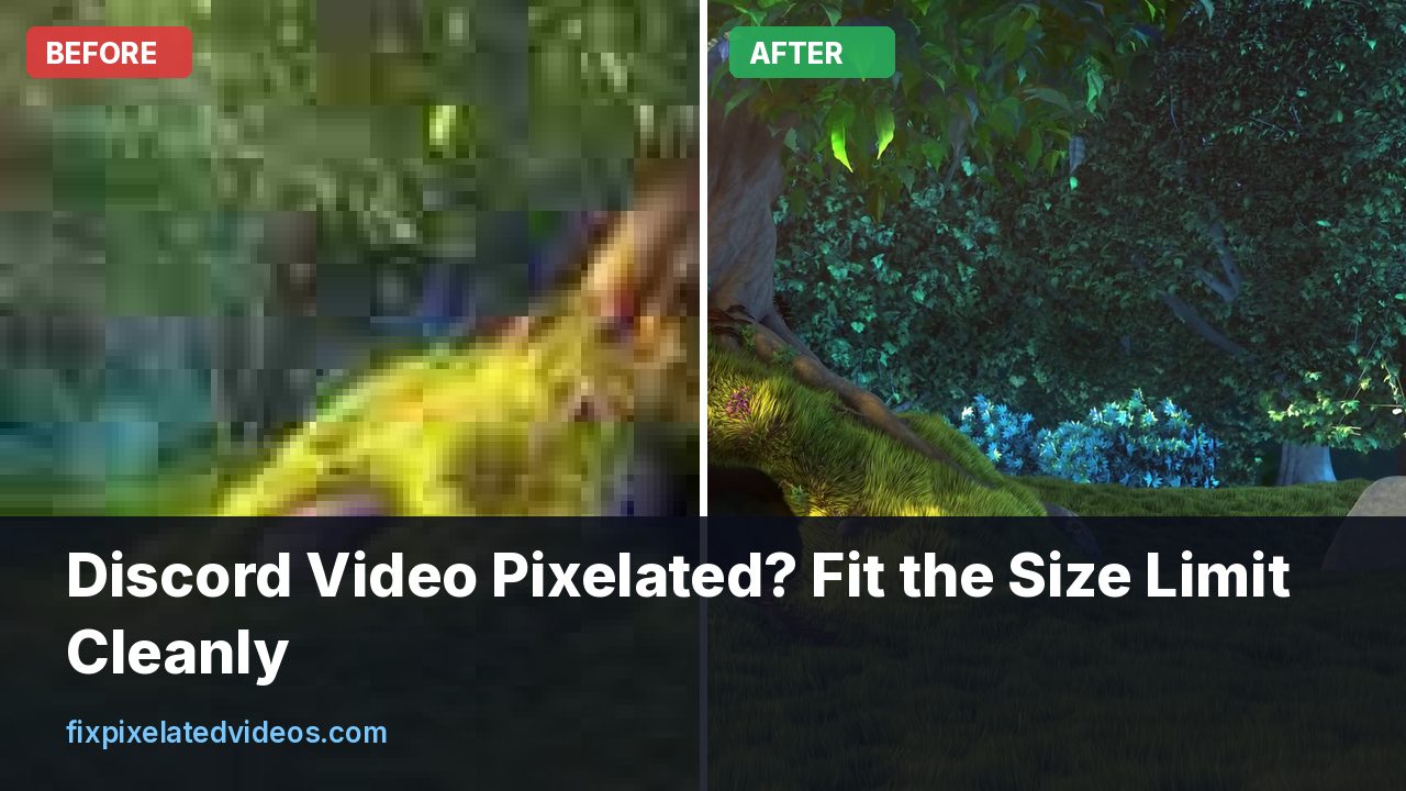 Discord chat window with a blocky video preview next to a cleaner clip compressed under the file size limit