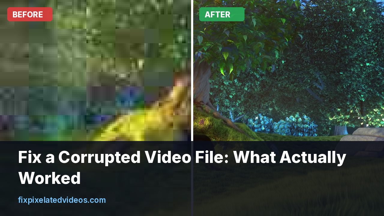 Terminal showing frame counts for a truncated video file next to a glitched frame with green blocks
