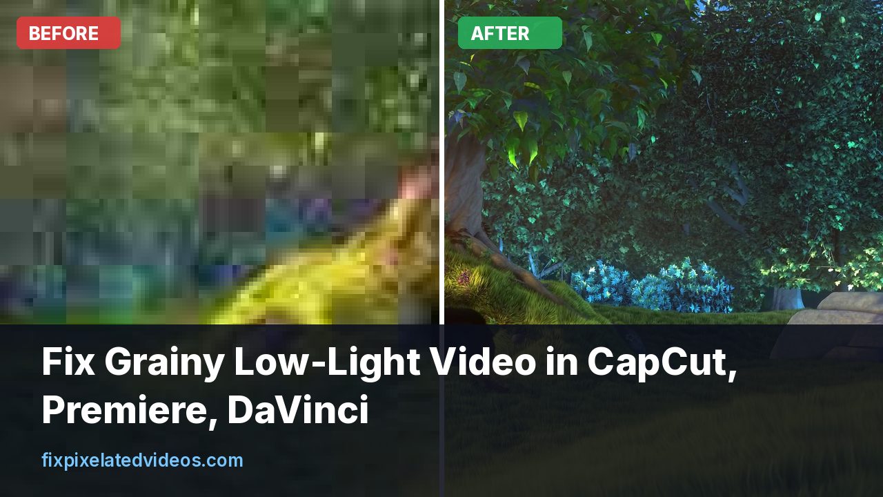 Dark grainy night video frame beside the same frame after noise reduction showing smoother shadows