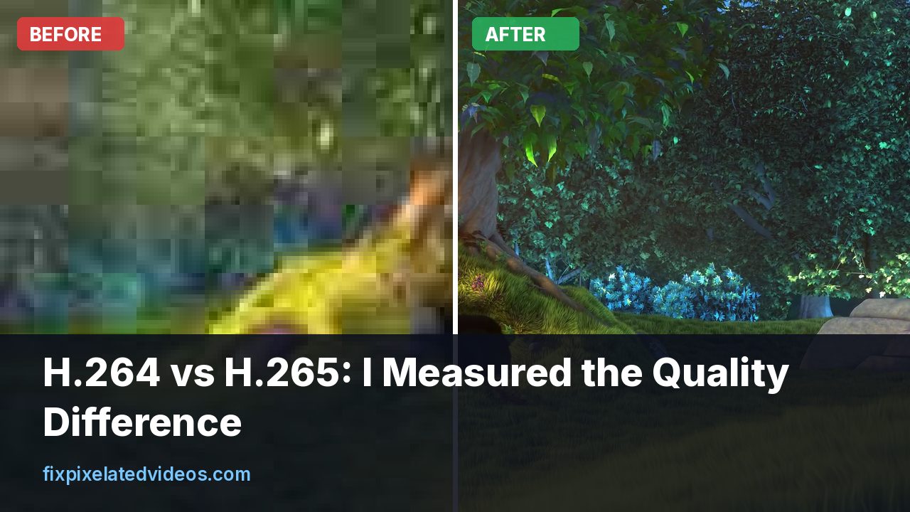 Table comparing H.264 and H.265 file sizes at three quality levels next to two close-up frames