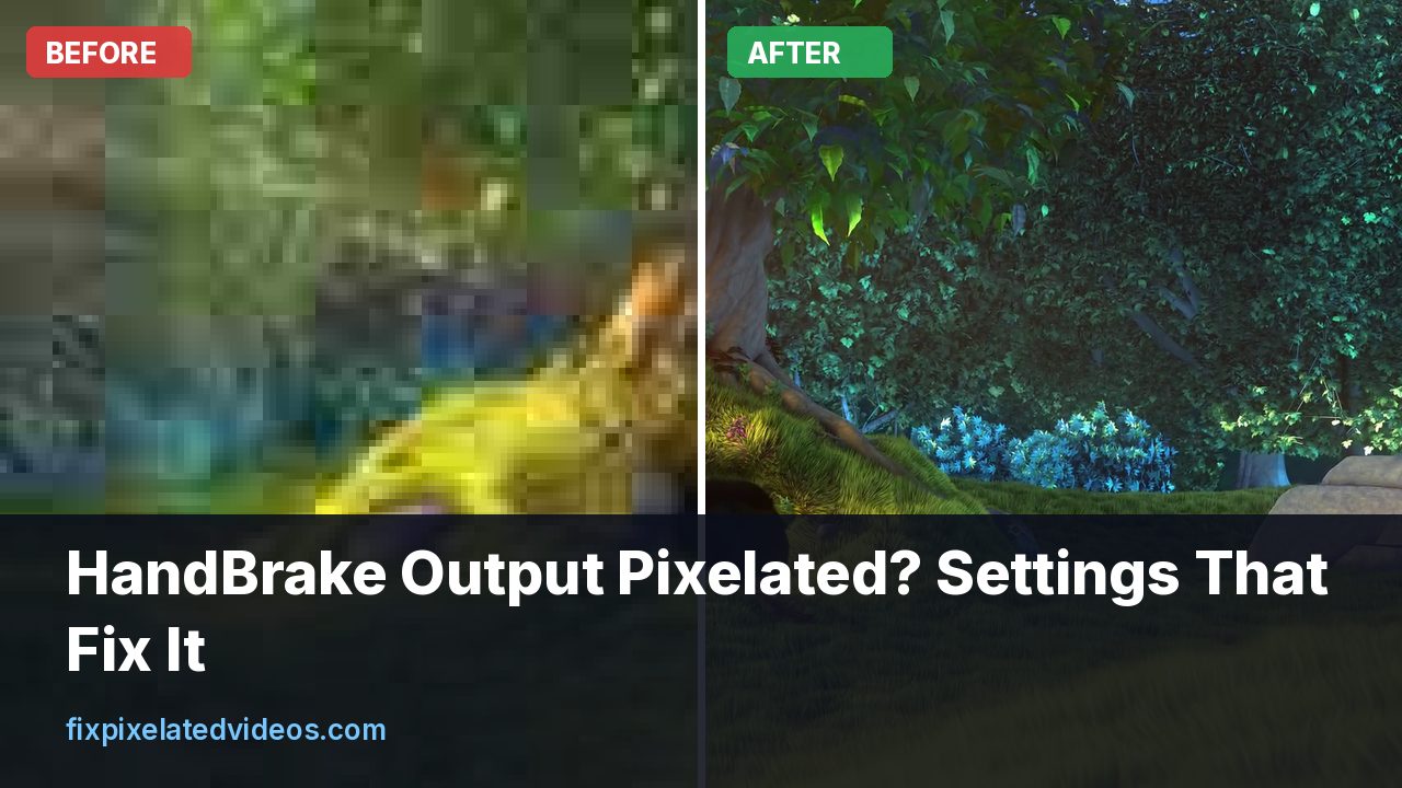 HandBrake encoding settings panel with constant quality slider next to a blocky and a clean frame