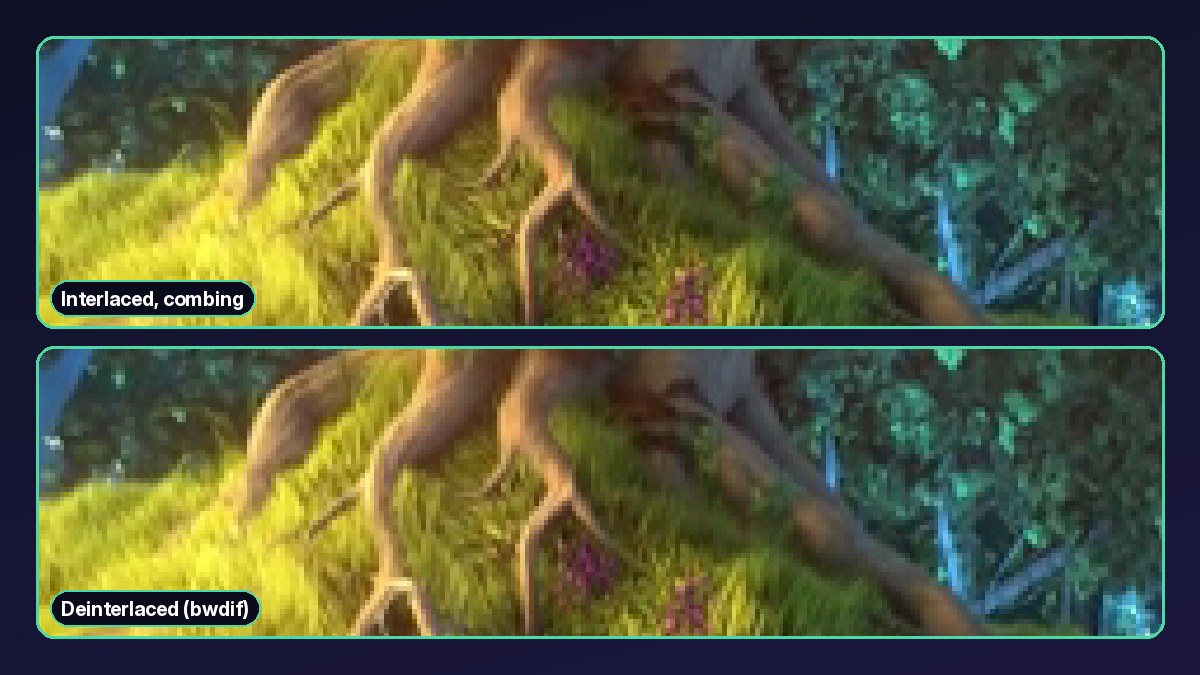 Two stacked crops of the same frame, one with interlacing combing and one deinterlaced with bwdif