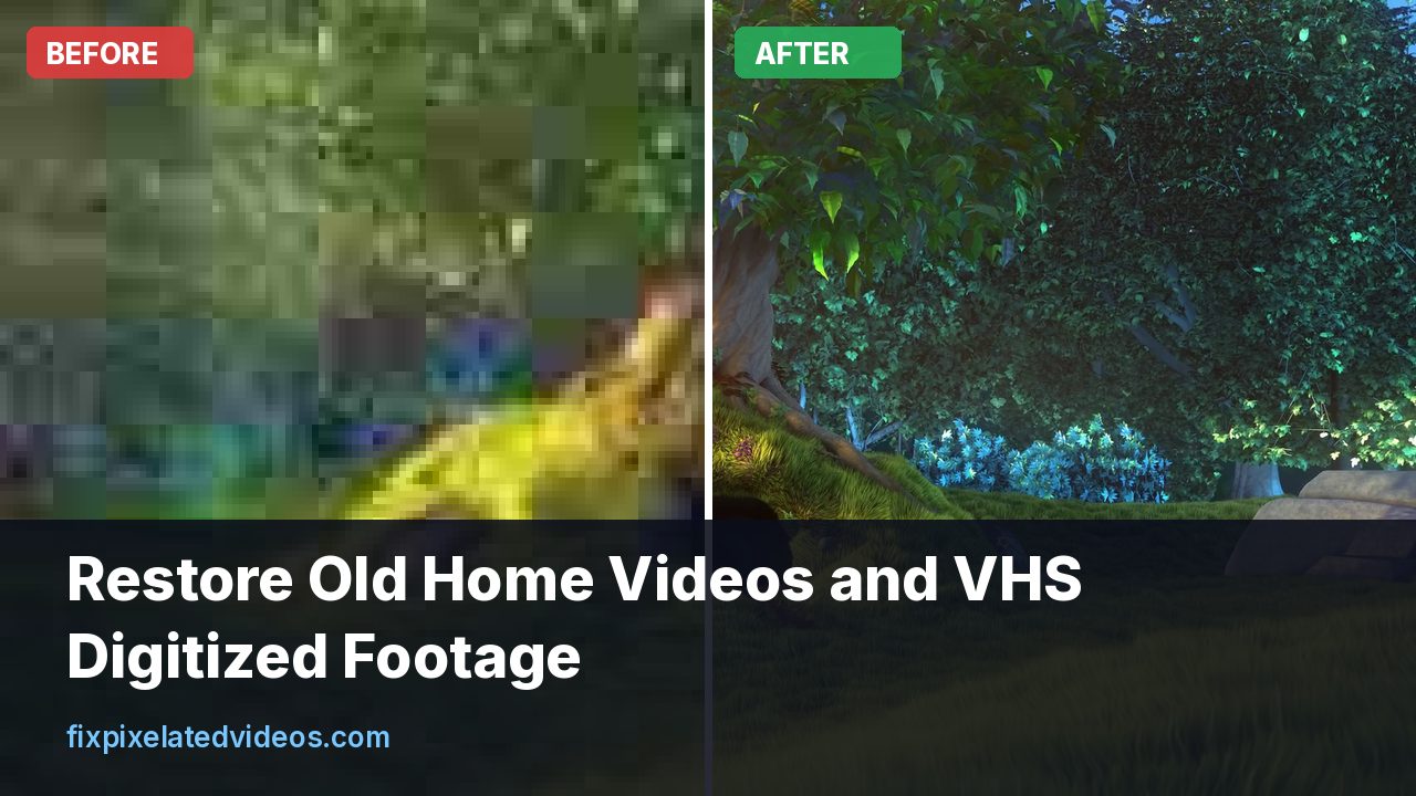 A VHS tape beside a laptop showing a before and after frame of a digitized family video