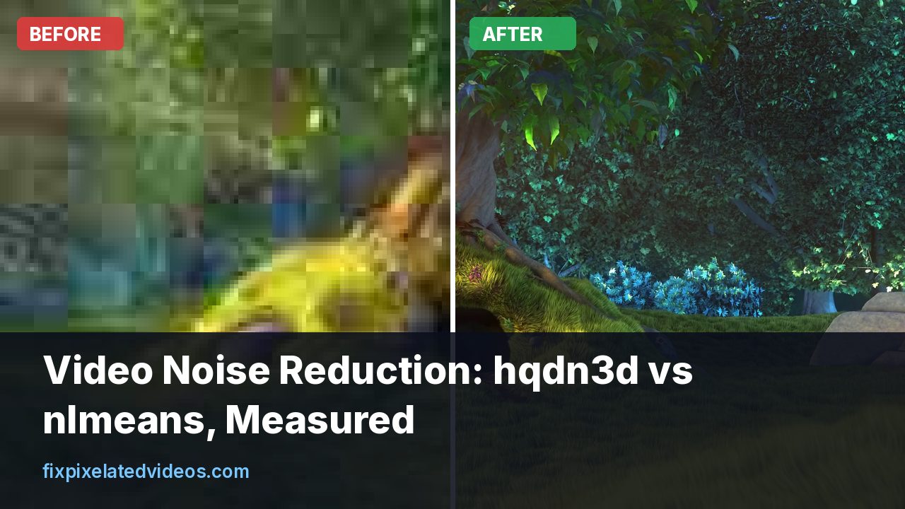 Noisy video frame beside a denoised version with a bar chart of file sizes before and after