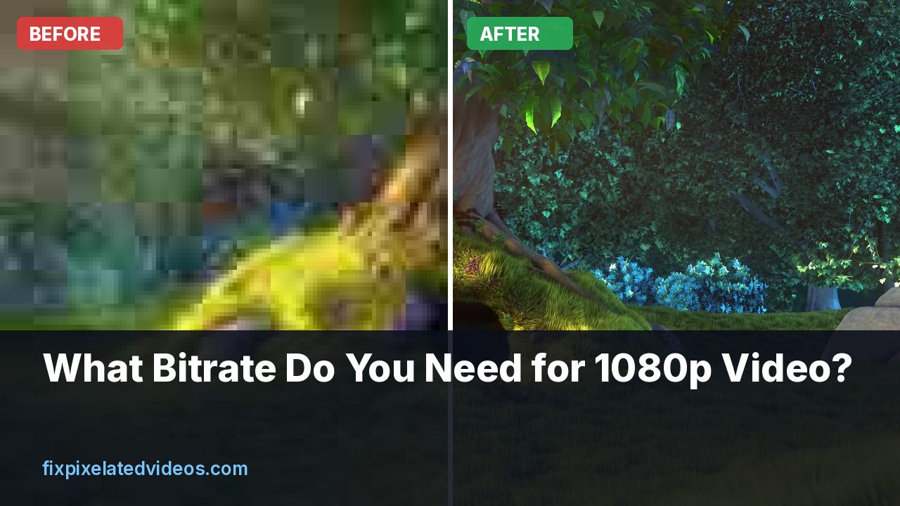 Split frame comparing a 1080p video encoded at 500 kbps with blocky grass next to the same frame at 16 Mbps