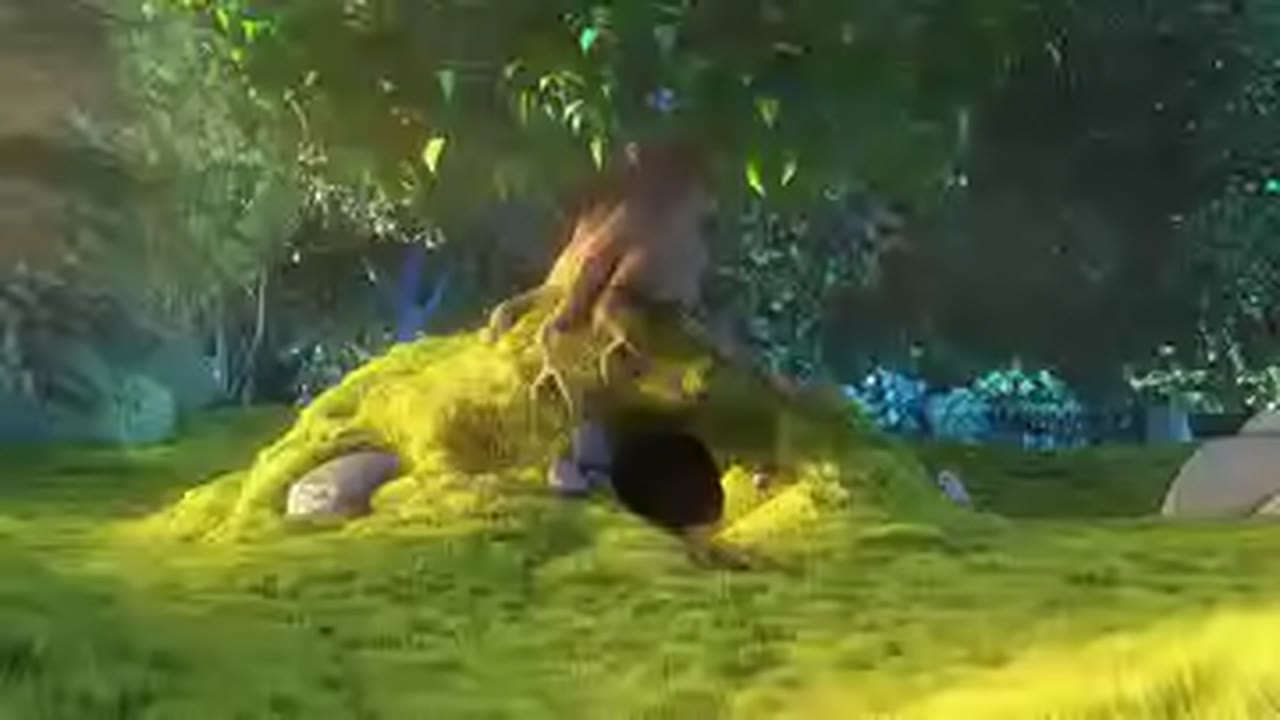 The same frame after deblocking, denoising and upscaling, with smoother tree bark and cleaner grass