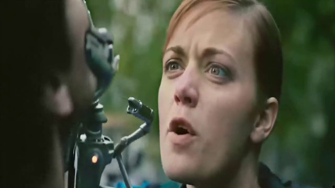 Fix pixelated video example, after: the same frame after restoration: clear eyes, eyelashes, skin texture and hair strands