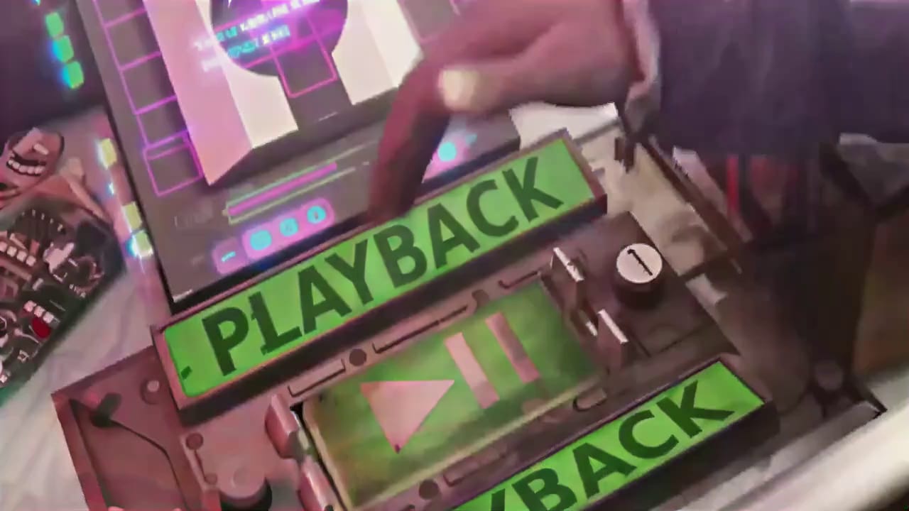 Fix pixelated video example, after: the same PLAYBACK label after restoration, with crisp letters, buttons and screen graphics